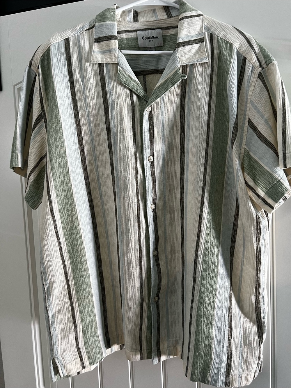 Goodfellow & Co Vertical Stripe Short Sleeve Button-Up Shirt in Green and White